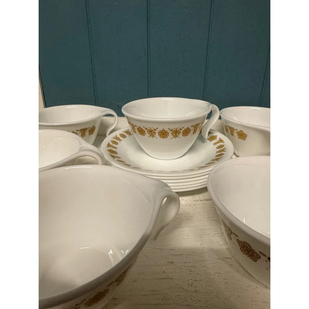 Corelle Butterfly Gold Tea Cups and Saucers Set of 6 Vintage‎ Corning Livingware